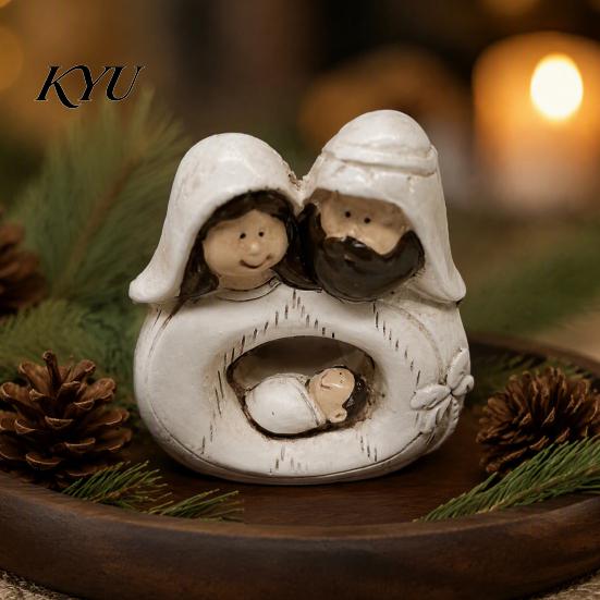 Resin Holy Family Statue for Office Figurine, Vintage Nativity Scene Statue, Mini Rustic Farmhouse Christmas Ornament Jesus Birth Desktop Ornament,