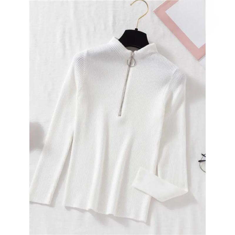 Women Fashion Solid Knitted Sweaters Vintage Long Sleeve Zip-up Basic Half Turtleneck Sweater Female Pullovers Chic Casual Tops