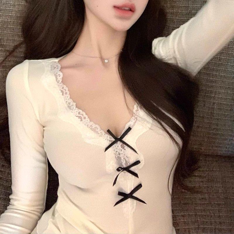 

Sweet & Spicy V-Neck Bow Lace Trim Slim Fit Long Sleeve Women s Top (2026 Spring/Autumn) Small білий