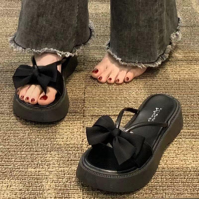 Slippers women's outer wear summer new fashion bow small plaid thick bottom non-slip sandals