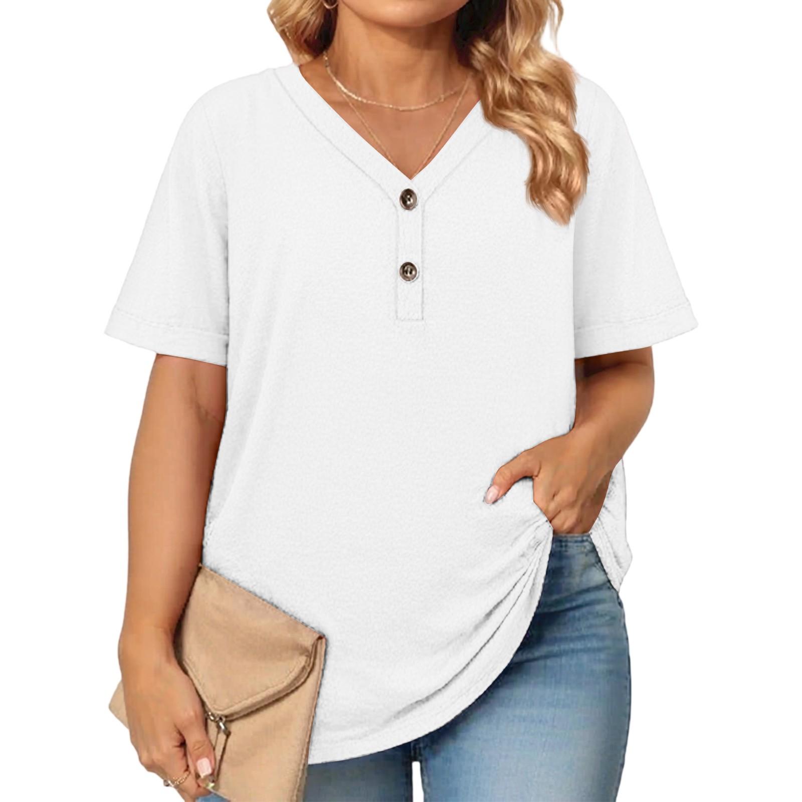

Женская модная повседневная однотонная футболка с V-образным вырезом и коротким рукавом большого размера XL белый