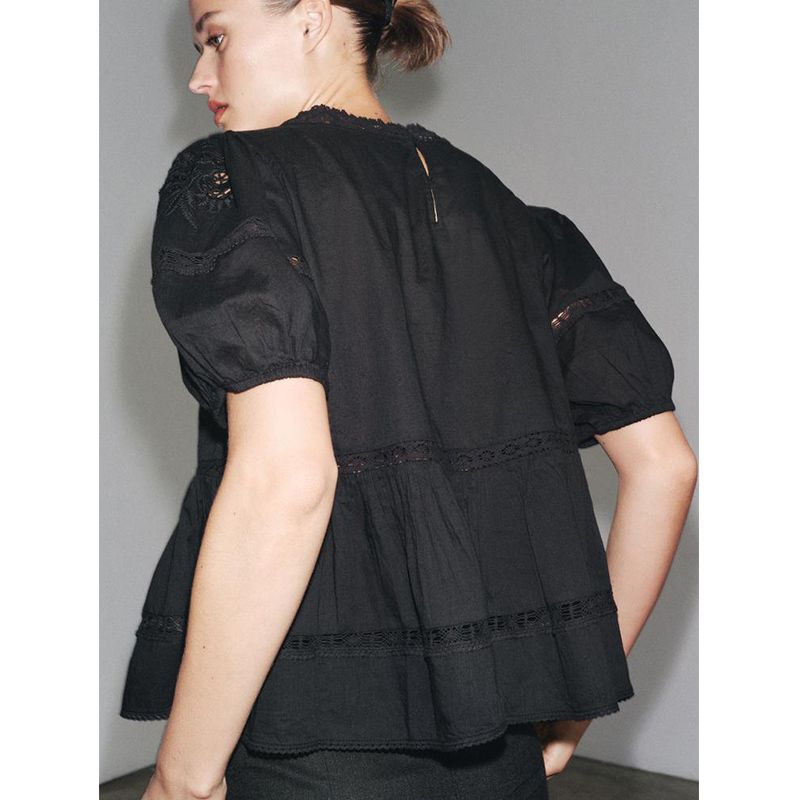 Summer New Arrival Women Clothes Cotton Round Neck Short Sleeve Embroidery Decoration Romantic Style Shirts Top 5107046