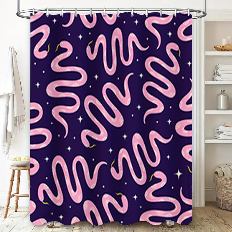 Purple Snake Print Shower Curtain with Pink Swirls Waterproof Decorative Home Bath Rug Mat Cover Set for Bathroom Renovations (L