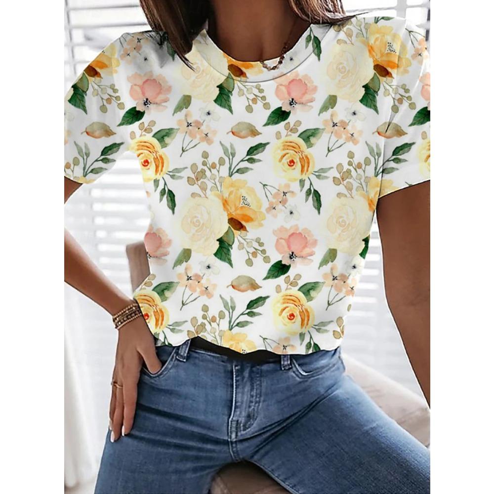 Fashion Women Flower Pattern Print T Shirt Funny Casual O-neck Short Sleeves T-shirt Summer Female Tee Shirt