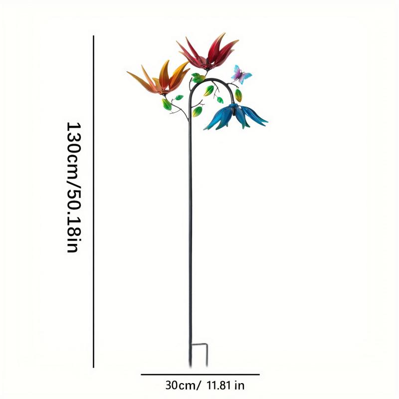 Metal Wind Spinner with Flowers and Butterflies, Three Rotating Flower and Butterfly Windmills for Outdoor Garden Art Decoration