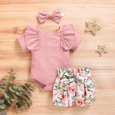 Newborn Infant Baby Girls Solid Frill Romper+Floral Print Shorts+Headband Outfit