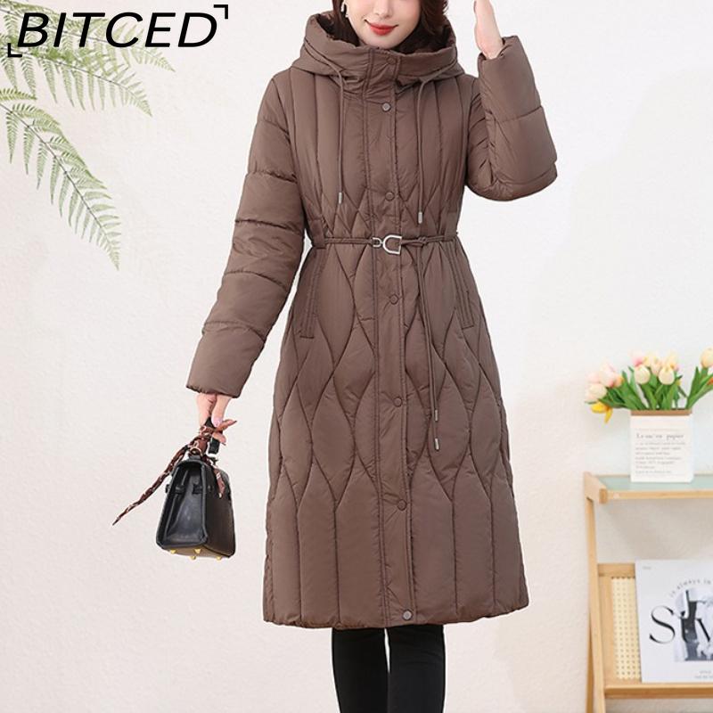 BITCED Women's Long-Length Winter Coat with Hood and Drawstring Waistband Fitted and Flattering Silhouette for a Slimming Effect