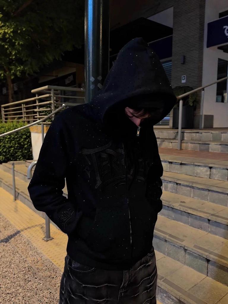 Unisex Dark Zipper Hoodie: Hot Drill Embroidery, Loose Fit, High Street Style