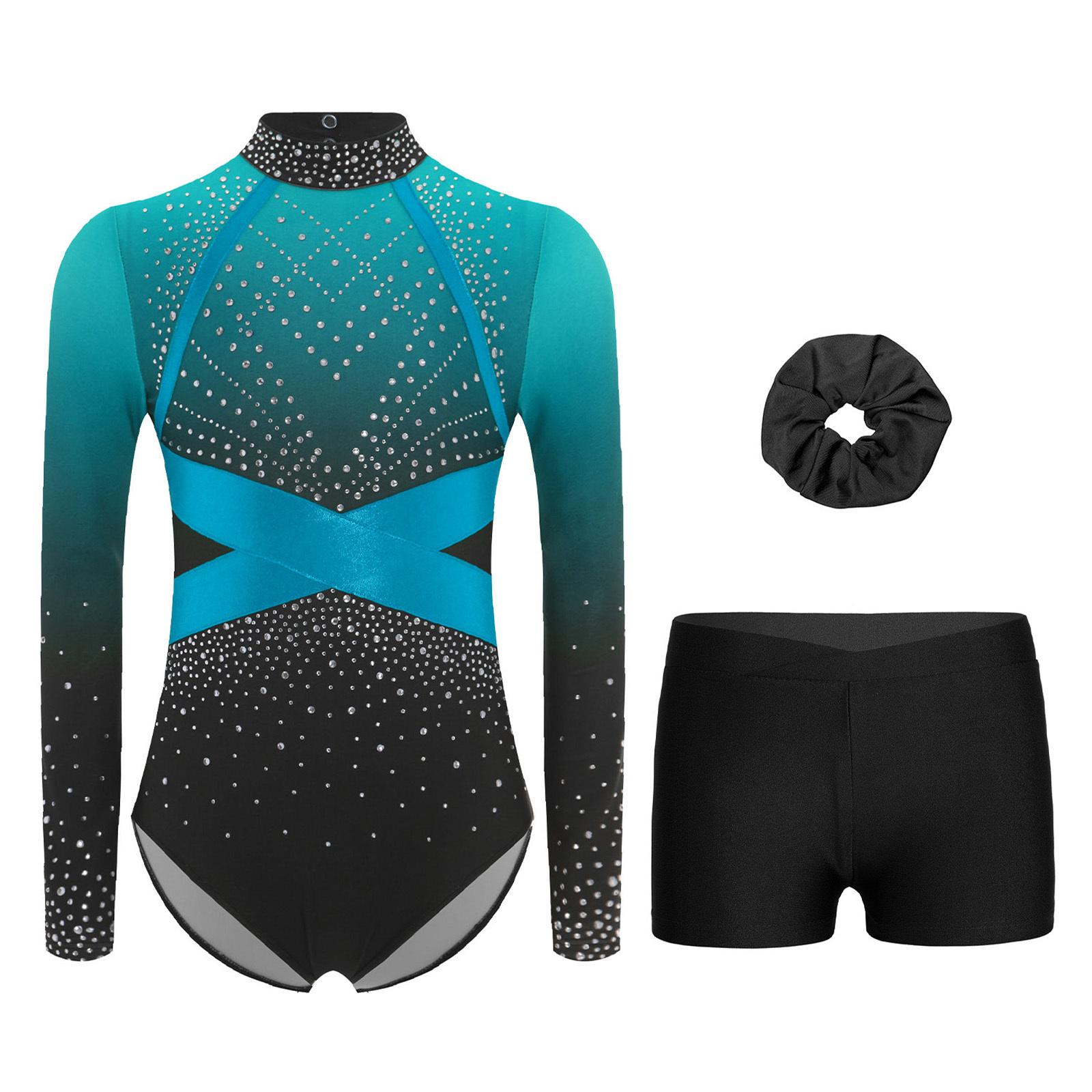 

Одяг для гімнастики та танців для дівчаток, леотард з довгим рукавом, блискучими стразами, кольоровими блоками, V-подібним вирізом спереду, еластичною талією та шортами 5-6 Years світло-синій колір