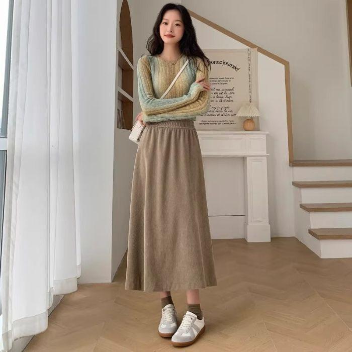 Women's Corduroy High-Waist Straight Midi Skirt - Celebrity Style Autumn/Winter Slim Fit
