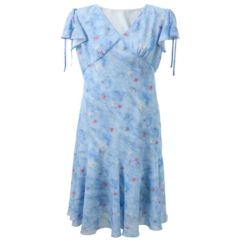 Romantic Floral Ruffle V-Neck A-Line Midi Dress M