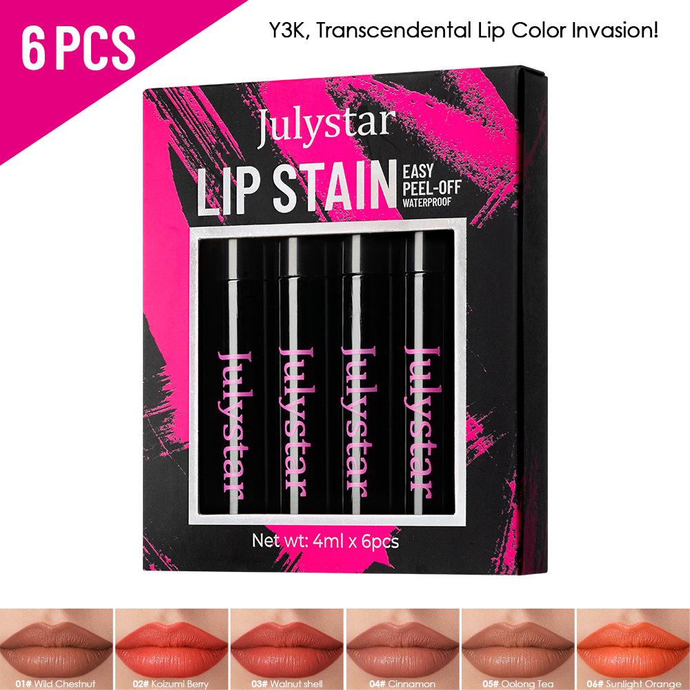 Julystar Peel-Off Lip Stain Set 6 Colors Waterproof Transfer-Proof Magic Lip Tint Long-Lasting Tear Off Liquid Lipstick Lip Liner Makeup Cosmetics