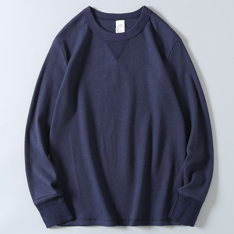 Export Factory Leftover Stock Spring New American Waffle Long-Sleeved T-shirt Men's Solid Color Casual round Neck Bottoming Shirt Fashion