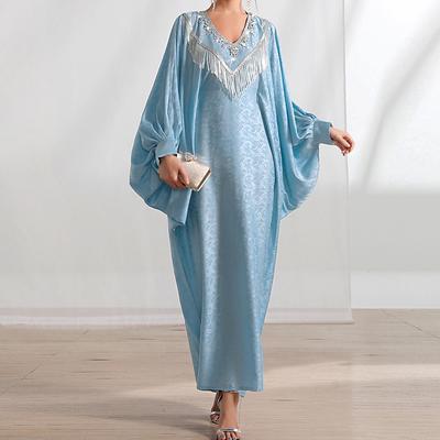 Robe musulmane ample à manches Batman et perles faites à la main bleu clair pour femmes, col en V