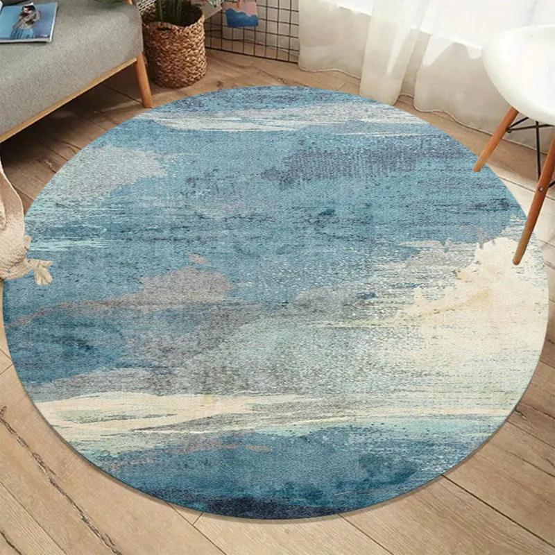 Wabi-Sabi Blue Gray Abstract Round Rug, Modern Ink Wash Texture Print Floor Mat, Non-Slip Living Room Carpet, Minimalist Home