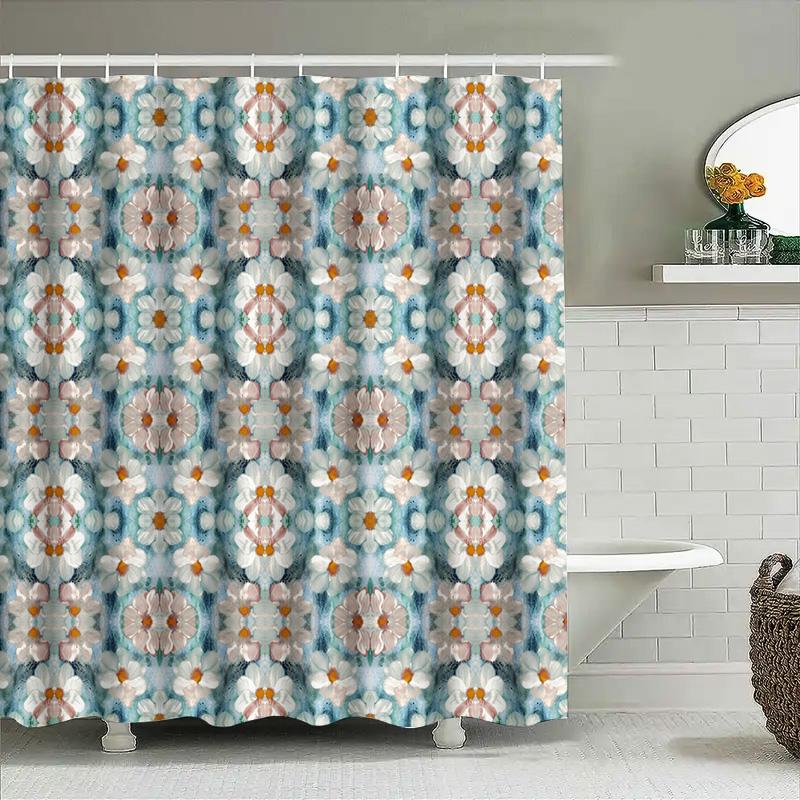 Decorative Shower Curtain Floral Print with White Flowers Blue and Orange PatternLong Size for Bathroom Decorations Perfect Gift