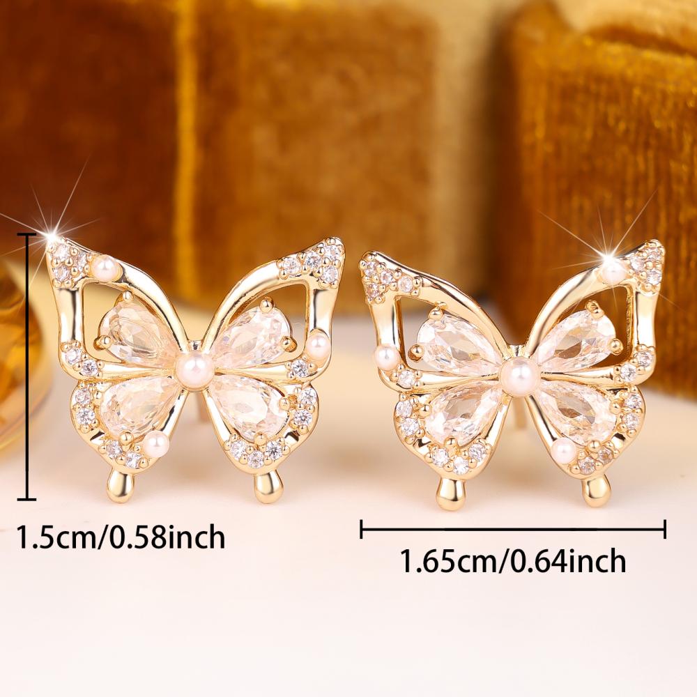 Elegant Gold Color Butterfly Shaped White Zircon Pearl Embellished Stud Earrings for Women Daily Party Gift