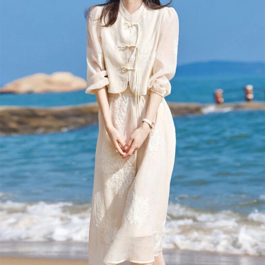 Embroidered Cheongsam Style Top and Skirt Set - Chinese Stand Collar, Button-Up, Two-Piece Spring/Summer Outfit