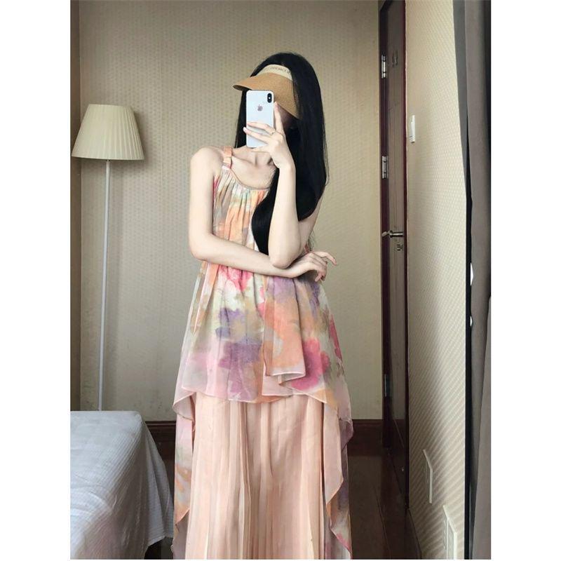 Retro Floral Off-Shoulder Spaghetti Strap Midi Dress for Women S 187-220 lbs розовый
