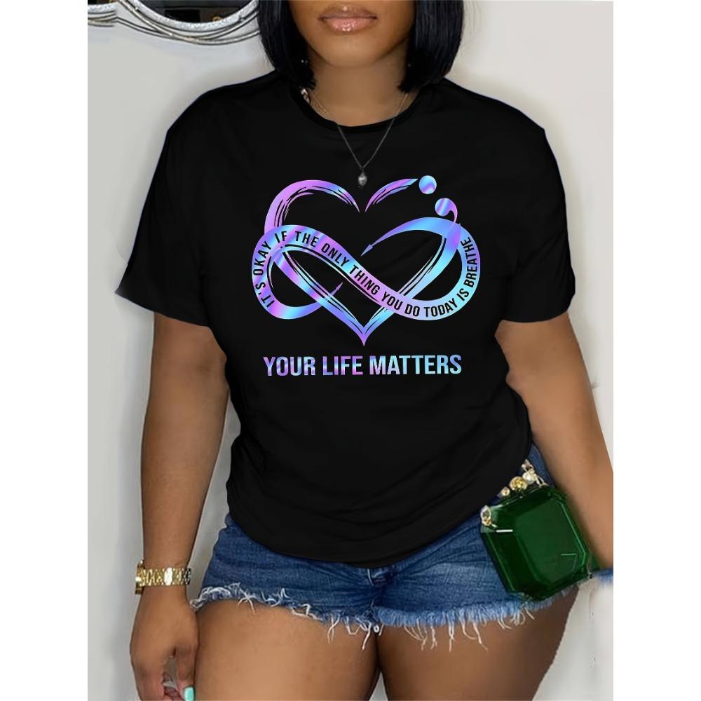 Damen Baumwolle Kurzarm T-Shirts Dein Leben Zählt Damen T-Shirt Inspirierendes Grafisches Lässiges Schwarzes Oberteil