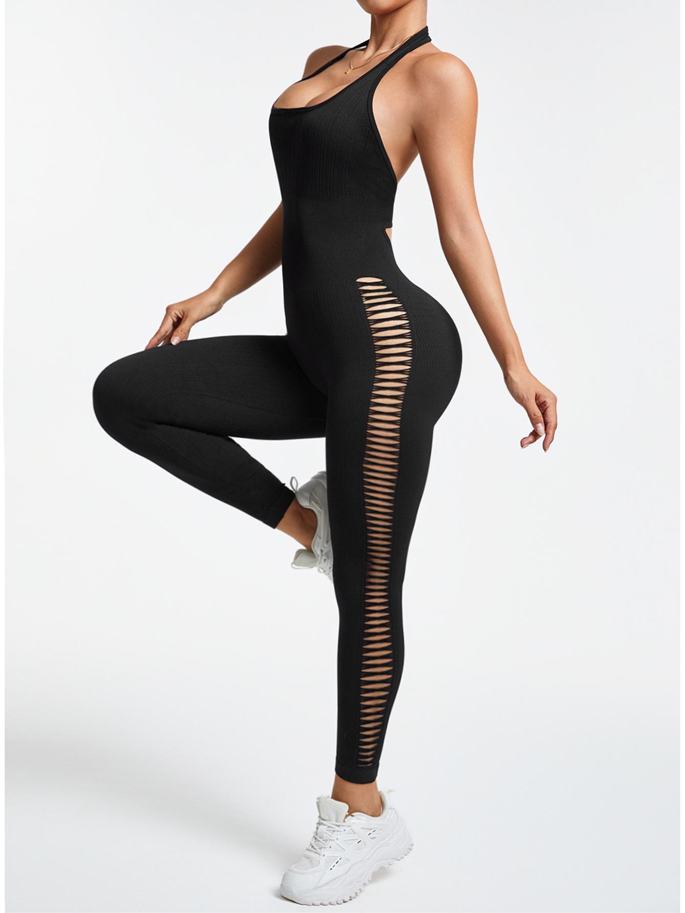 

Европейско-американский бесшовный комбинезон с вырезами: Женский облегающий боди-халтер с эффектом подтяжки ягодиц и формирования фигуры для йоги и фитнеса. Medium чёрный