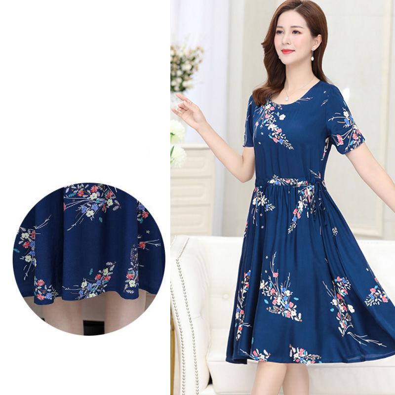 Sommerliches mittellanges, bedrucktes, florales Overknee-Kleid in Übergröße, Rundhalsausschnitt, kurze Ärmel, elastische Taille