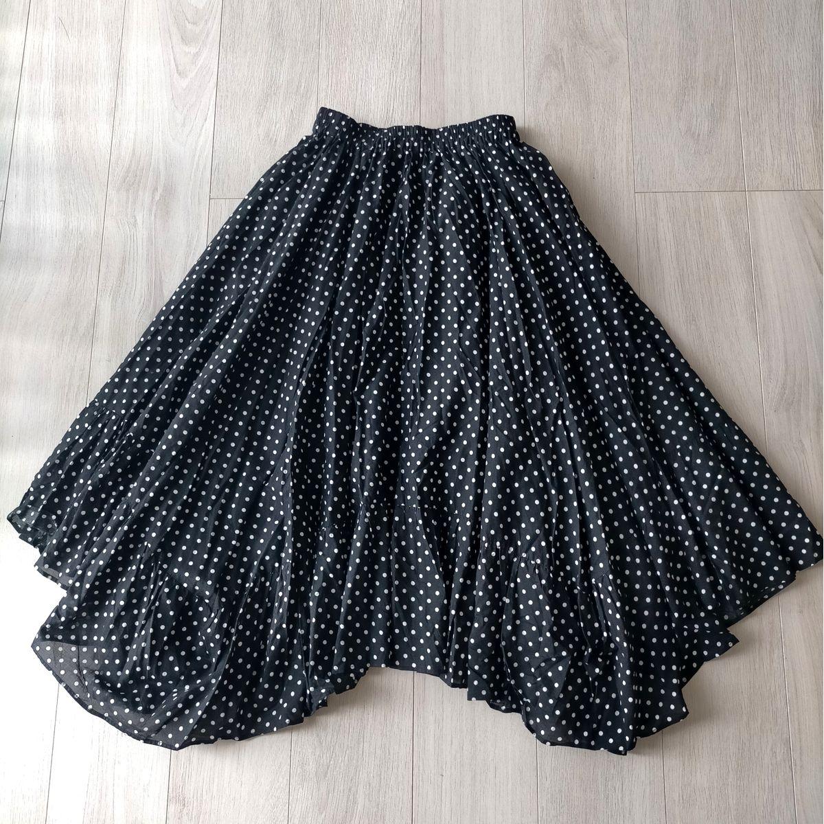 earth musicecology Irregular Hem Gathered Skirt Dot Pattern Black Elastic Waist