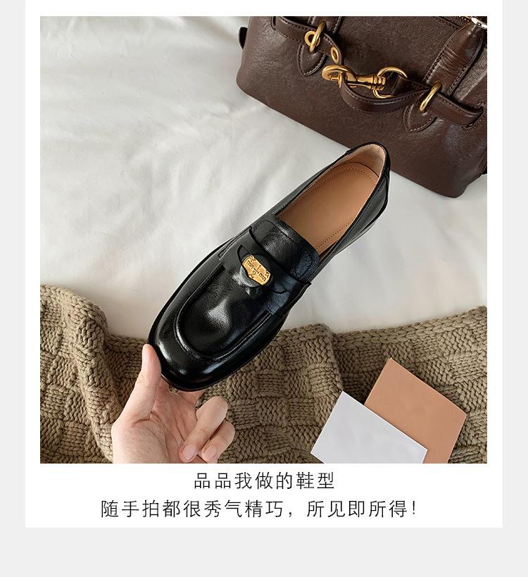 Cowhide version~ loafers women's autumn and winter black single shoes thick-soled British style gold coins one pedal lazy small leather shoes