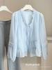 Spring and Summer Thin Fungus Edge V-neck Strap-on Shirt Women's French Loose Lantern Sleeve Inner Top Shirt