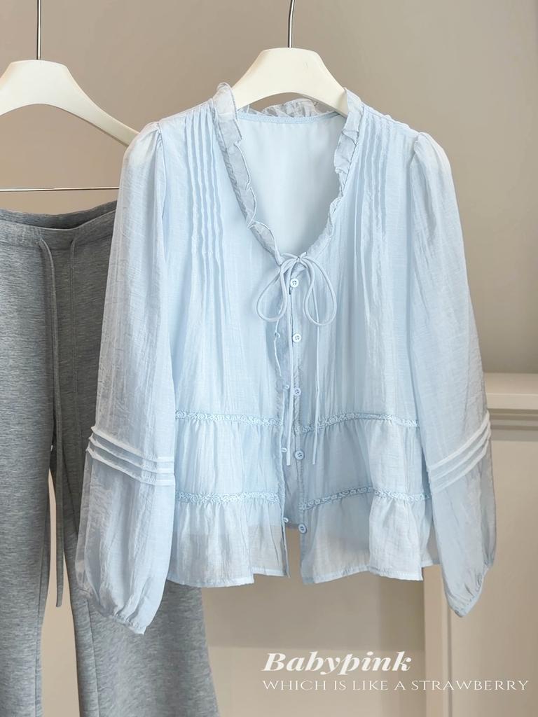 Spring and Summer Thin Fungus Edge V-neck Strap-on Shirt Women's French Loose Lantern Sleeve Inner Top Shirt