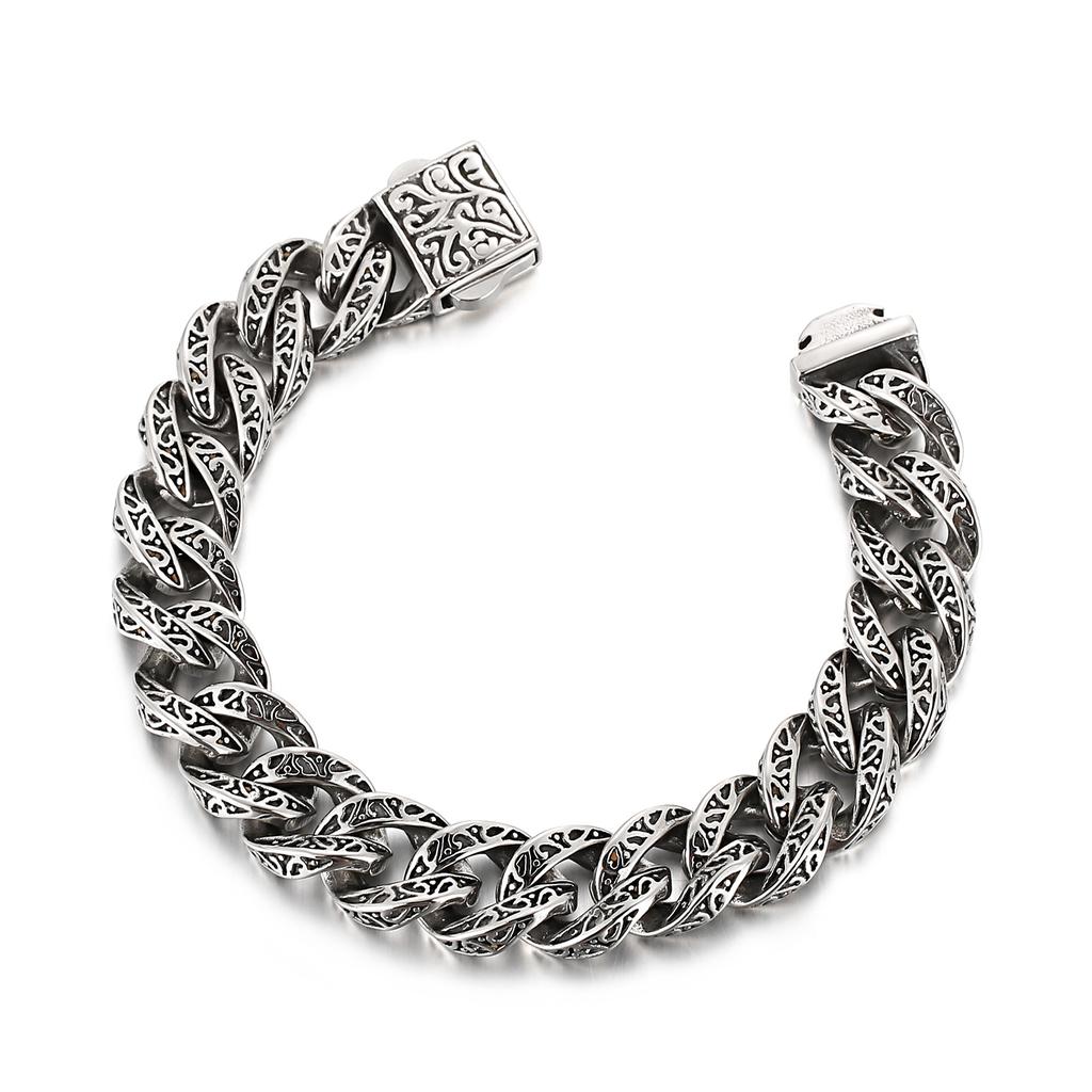 Vintage Sculpture Cuban Cuff Bracelet Stainless Steel Custom Charms Curb Link Chain Men Bracelets