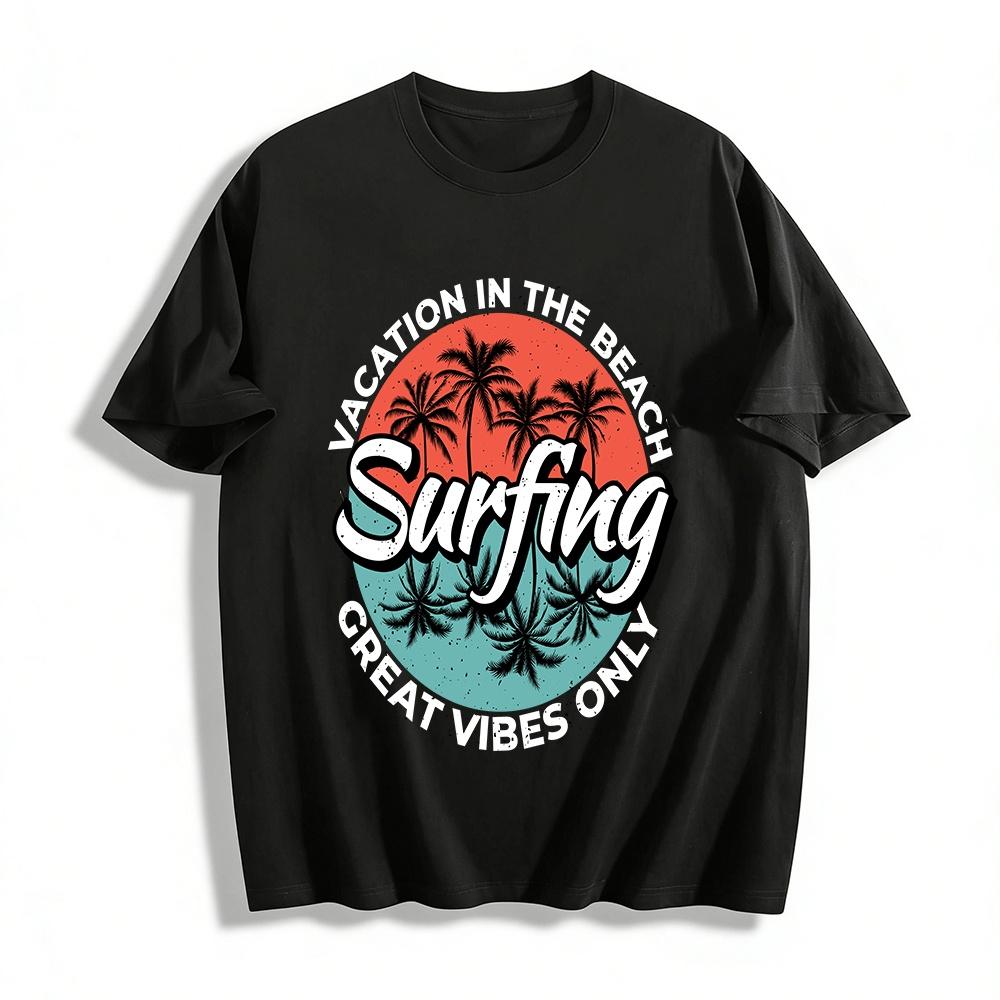 Retro Coconut Tree Surfing Print Casual Short Sleeve T-Shirt Pure cotton T-shirt XXS