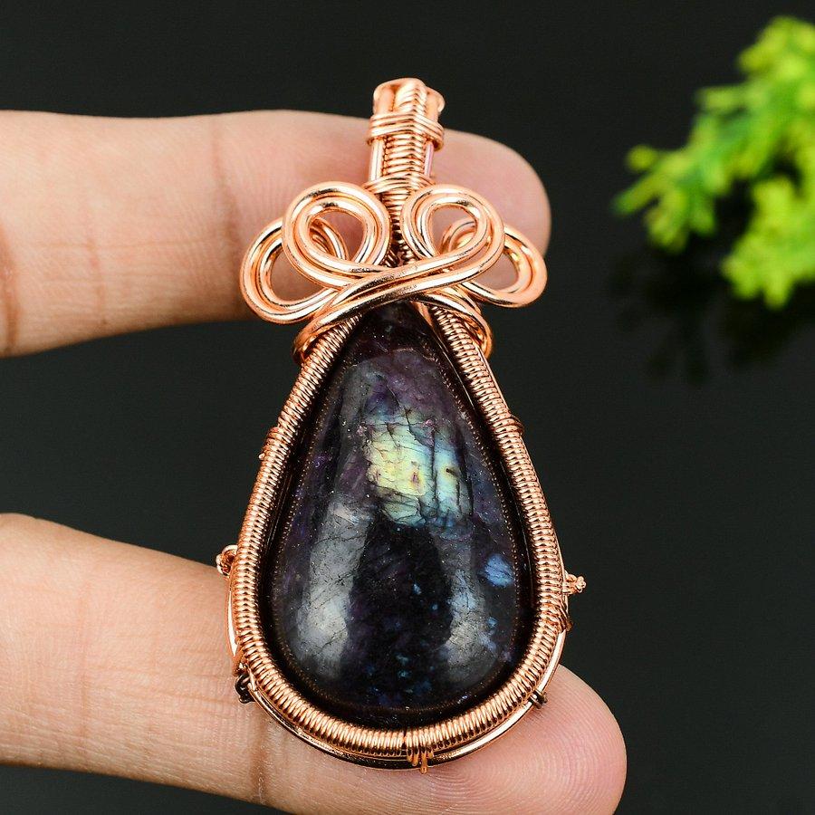 Natural Purple Labradorite Gemstone Copper Wire Wrap Gift Pendant 2.48 f9P89