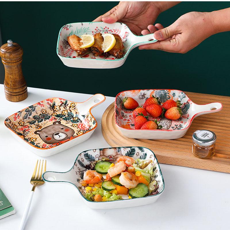 Ceramic Baking Tray with Handle Forest Animal Design Bowls Creative Restaurant Household Plate Kitchen Tableware Gift
