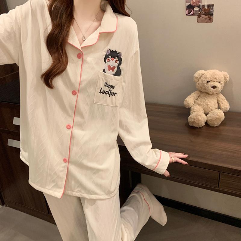 Lucifer Cat Imitation Cotton Pajamas Women's Spring New Long-sleeved Suit Loose Student Loungewear Thin
