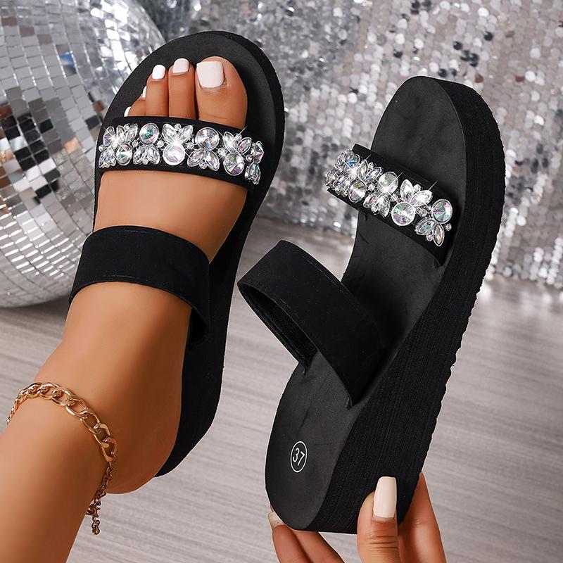 Fashion Women's Rhinestone Decor Wedge Sandals Summer Lightweight Anti Slip Beach Slippers Woman Thick Eva Sole Comfort Outdoor Slides