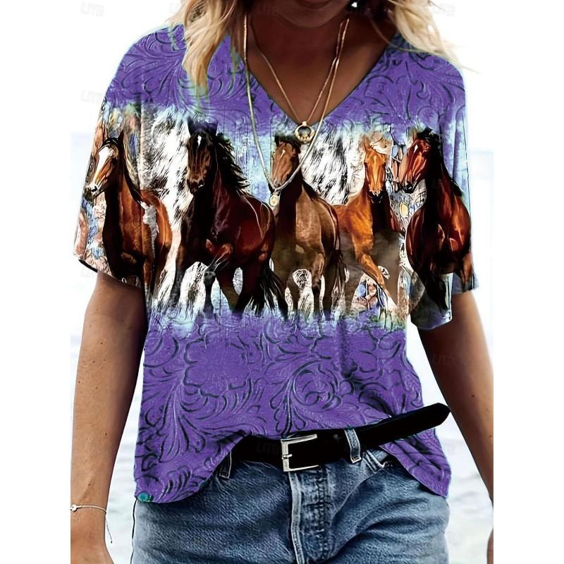 Womens V-Neck Loose Fit Short Sleeve T-Shirt With Colorful Geometric Starry Print Casual Top