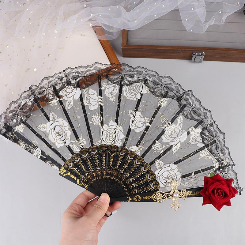 Ladies Lace Hand Fan Black White Cloth Folding Fans With Tassels Ancient-Style Dance Folding Hand Fan For Wedding Party Favor