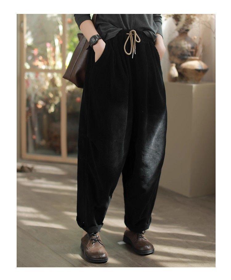 Women's Retro Corduroy Harem Pants - Elastic Waist, Lace-up, Patchwork, Plus Velvet, Thickened for Spring/Autumn