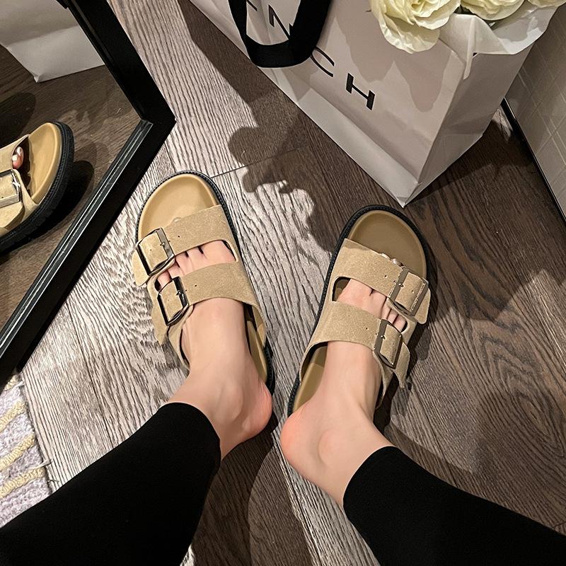 Wersja klasyczna~ Kapcie domowe buty zewnętrzne retro klapki z podwójną klamrą letnie wszechstronne klapki z miękką podeszwą chłodzące buty zewnętrzne damskie