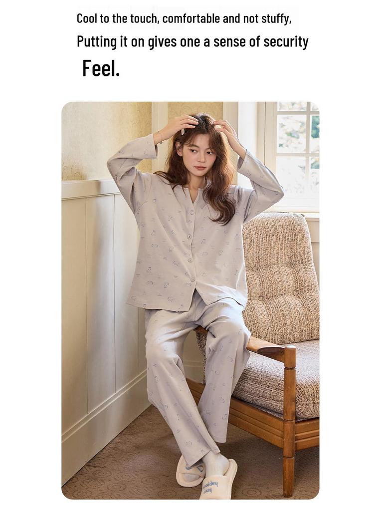 Women's V-Neck Cotton Cardigan with Chest Pads - Long Sleeve, Sweet Cartoon Design for Home or Casual Wear in Spring and Autumn.
