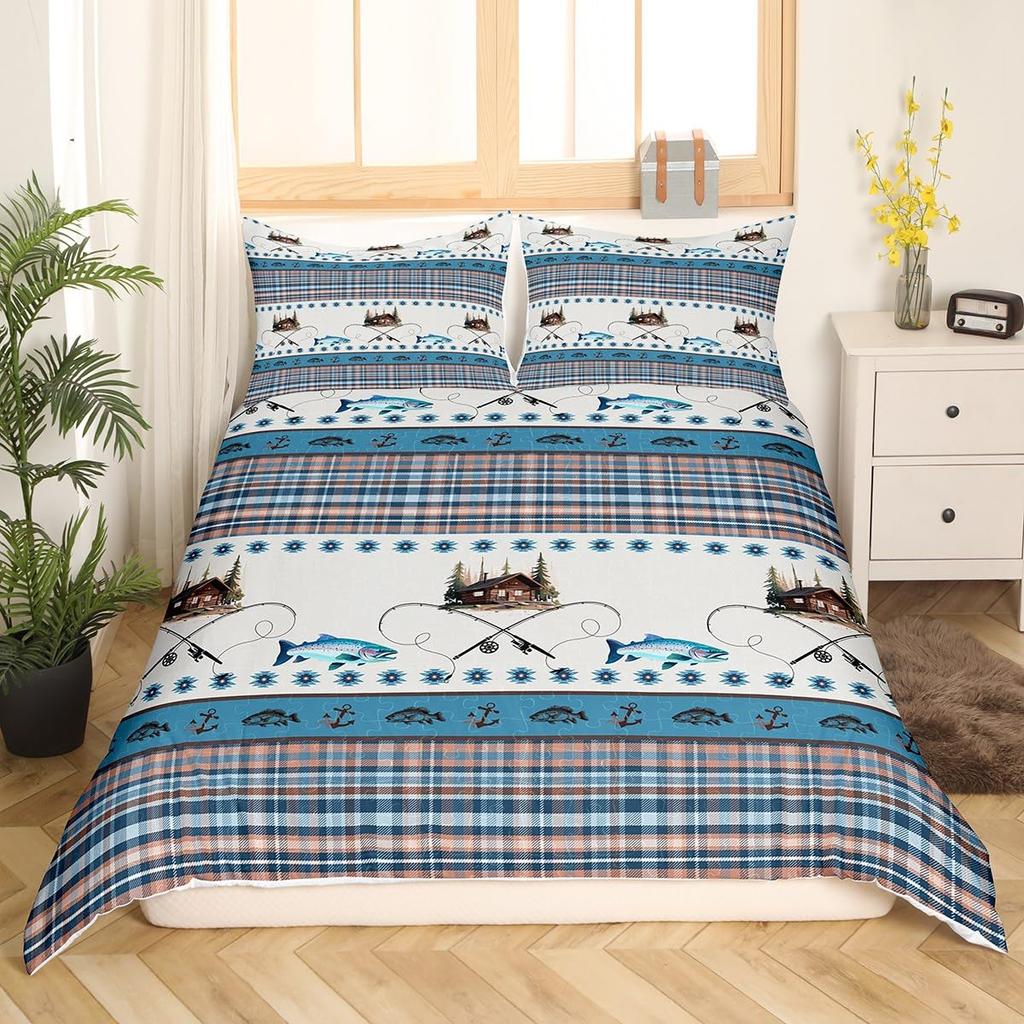 Set Biancheria da Letto Decorativo a Tema Pesca e Caccia per Bambini, Dimensioni Matrimoniale, Copripiumino per Ragazzi, Decorazione Camera da Letto Adolescenti, Set da 3 Pezzi, Senza Piumone