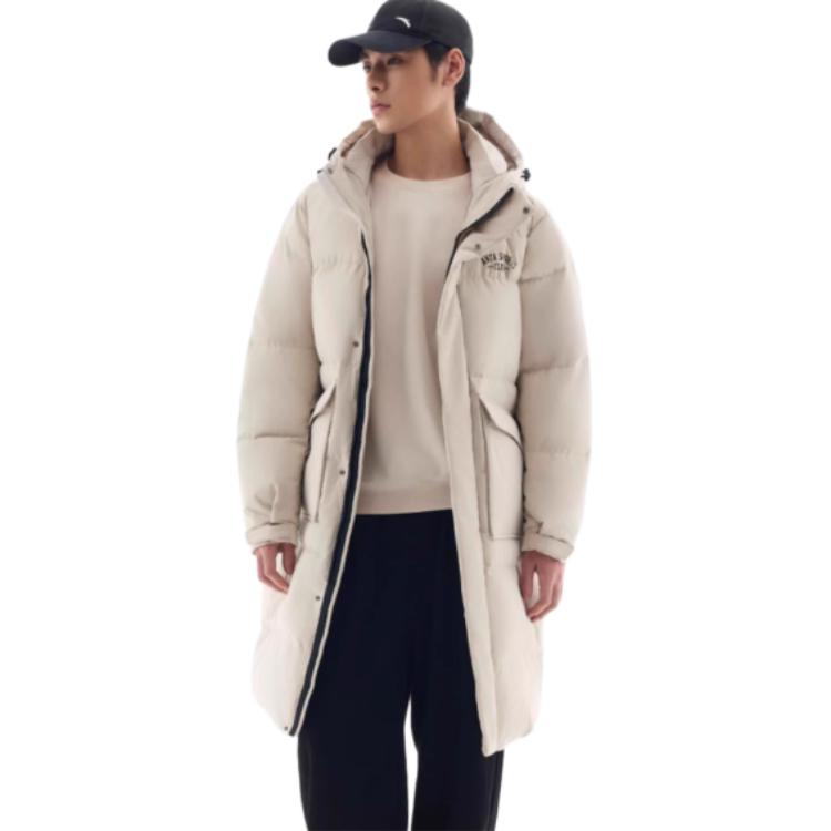 Anta Comfortable Casual Simple Long Hooded Loose Down Jacket Men Outerwear Wood-Color 152518904-1