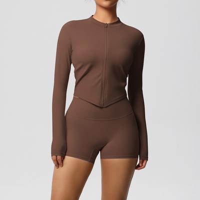 Double Sided Brushed Solid Color Tight Zipper Jacket Yoga Suit Set, Sports Running Fitness Suit For Women
