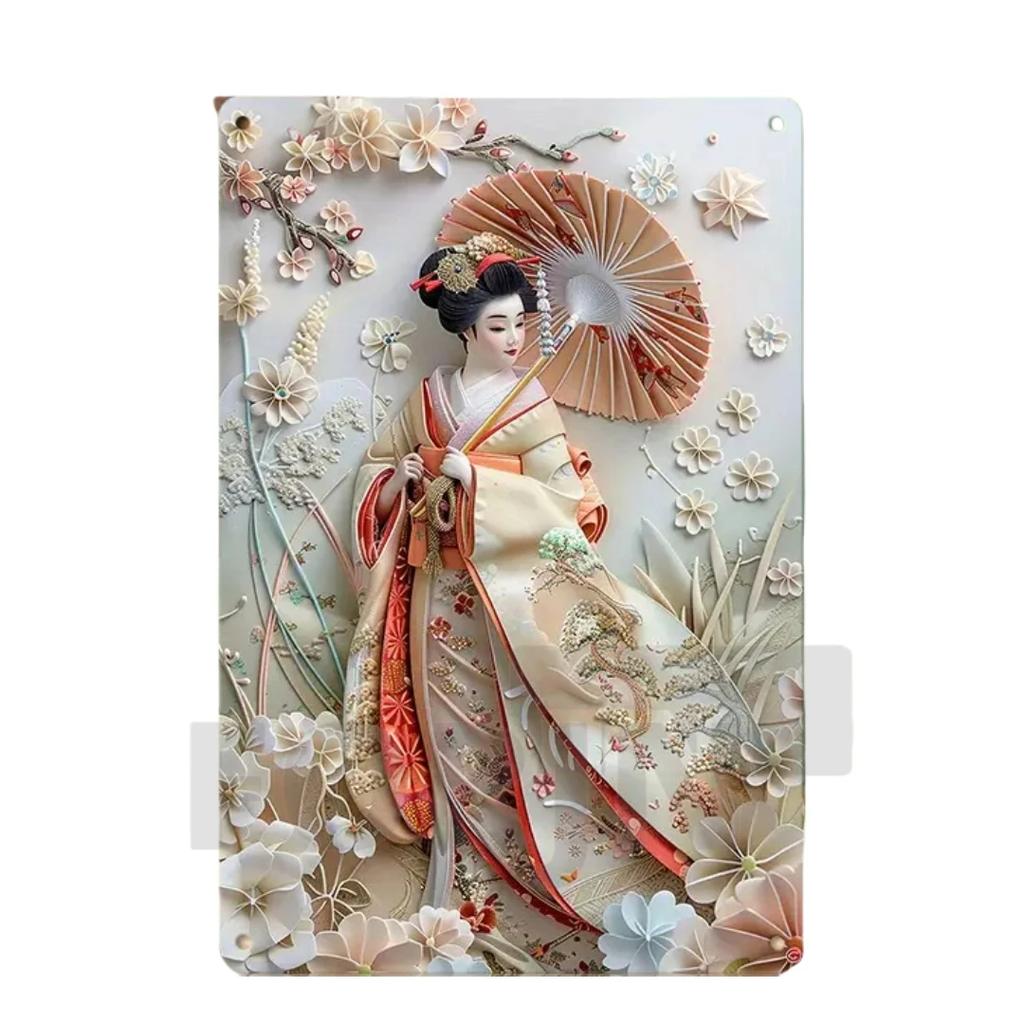 Panneau Métal Kimono Geisha Japonaise, Affiche Art Élégant Japon Fleurs de Cerisier 2D, Décor Mural Maison, Chambre, Bureau, Izakaya, café, Studio