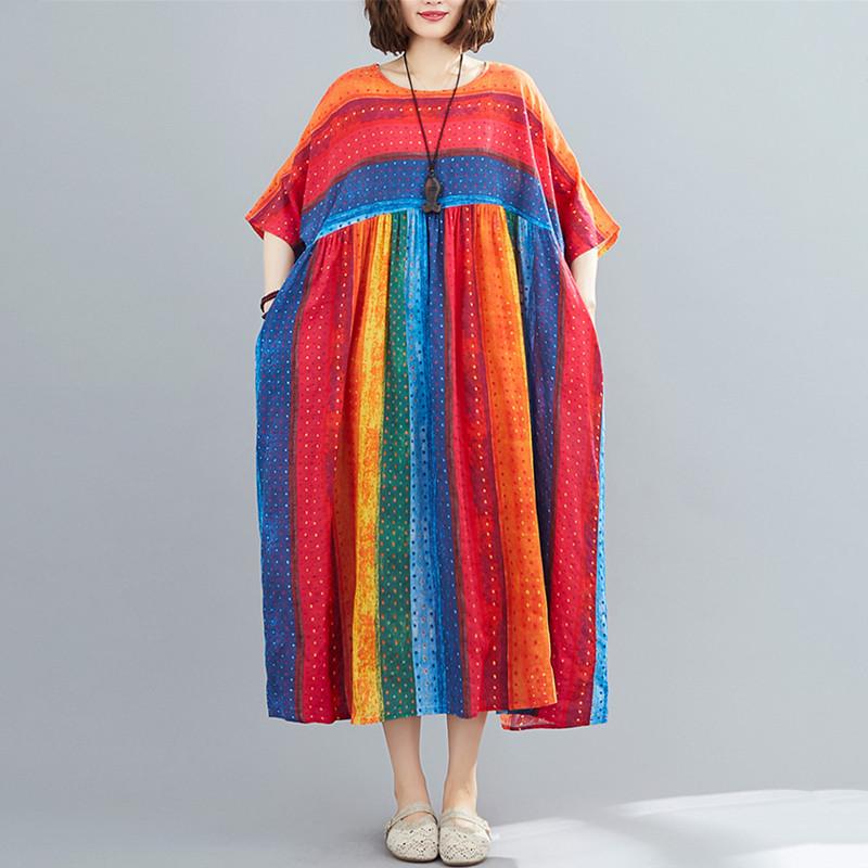 Baumwolle Vintage Streifen Plus Größe Frauen kausal lose lange Sommer Kleid elegante Kleidung 2020 Damen Kleider Sommerkleid
