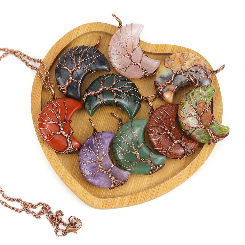 Moon Shape Design Natural Crystal Pendant Necklace With Tree Of Life Design For Women