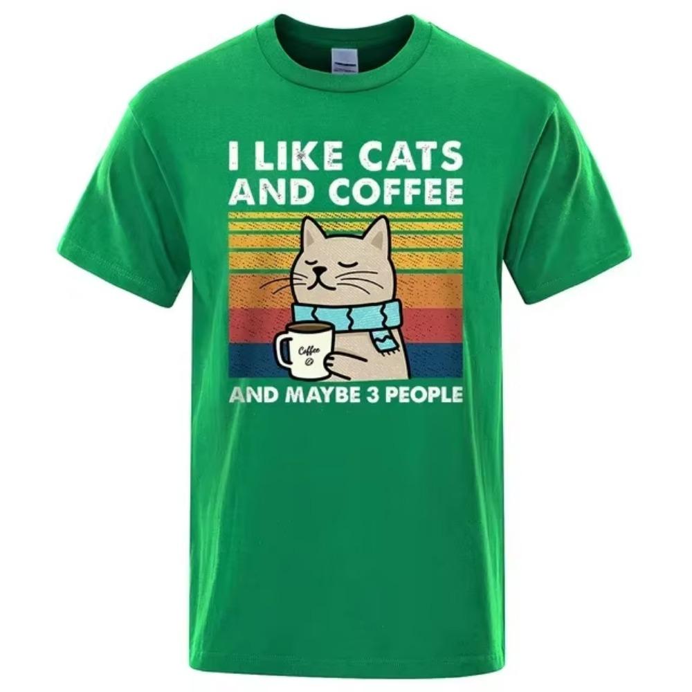 I Like Cats And Coffee Street Funny T-Shirt For Men Fashion Casual Loose Cotton Clothing Crewneck Breathable Tshirt Hip Hop Tees