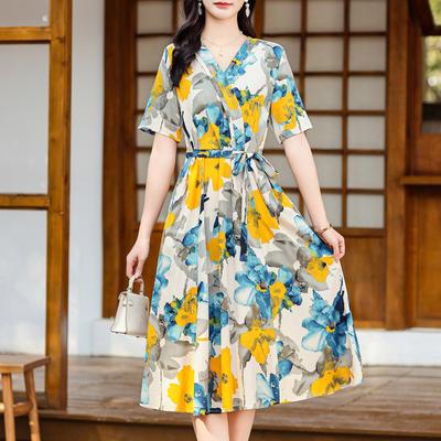 Elegante casual vestidos femininos plus size moda manga curta vintage impressão vestidos longos femininos roupas de verão