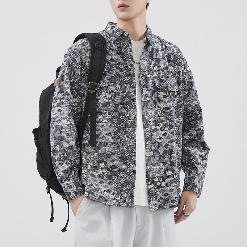 Japanese Retro Spring and Summer New Men's Casual Long-sleeved Digital Printed Cotton Shirt American Style